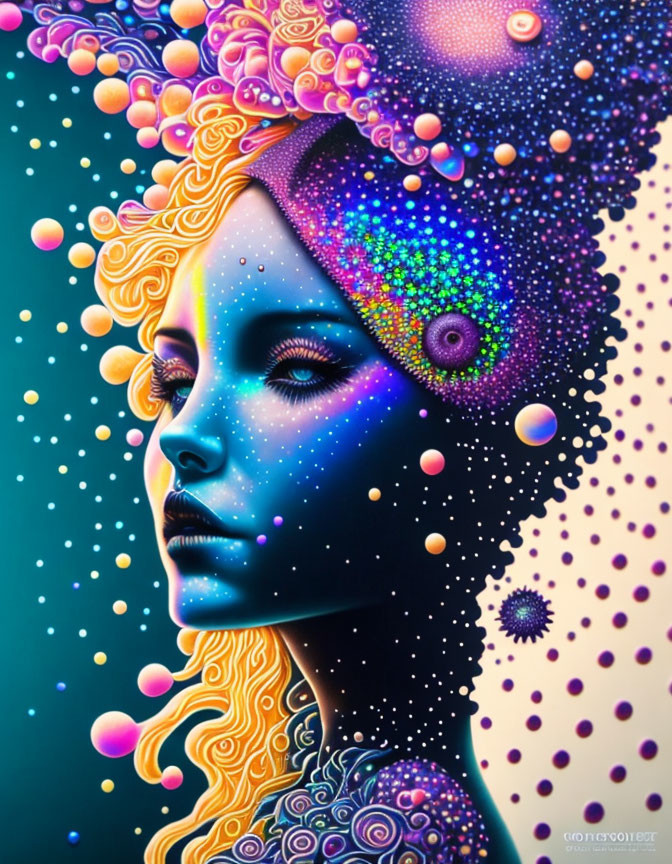 Colorful portrait of a woman with blue skin and swirling patterns for a psychedelic fantasy vibe