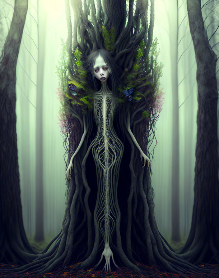 Mystical forest scene with tree woman, roots, branches, and ethereal light.