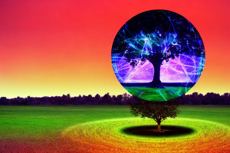 Surreal lone tree under gradient sky with cosmic tree overlay