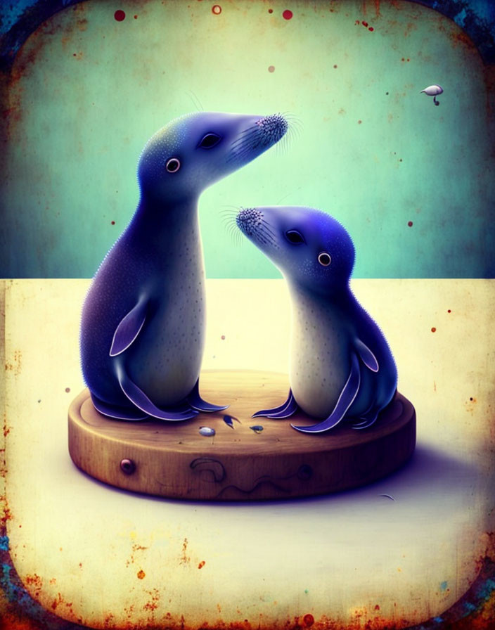 Stylized animated seals on wooden platform touching noses