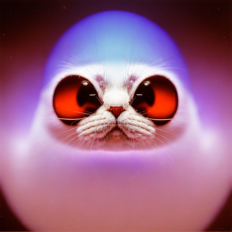 Stylized cat image with large eyes and colorful aura