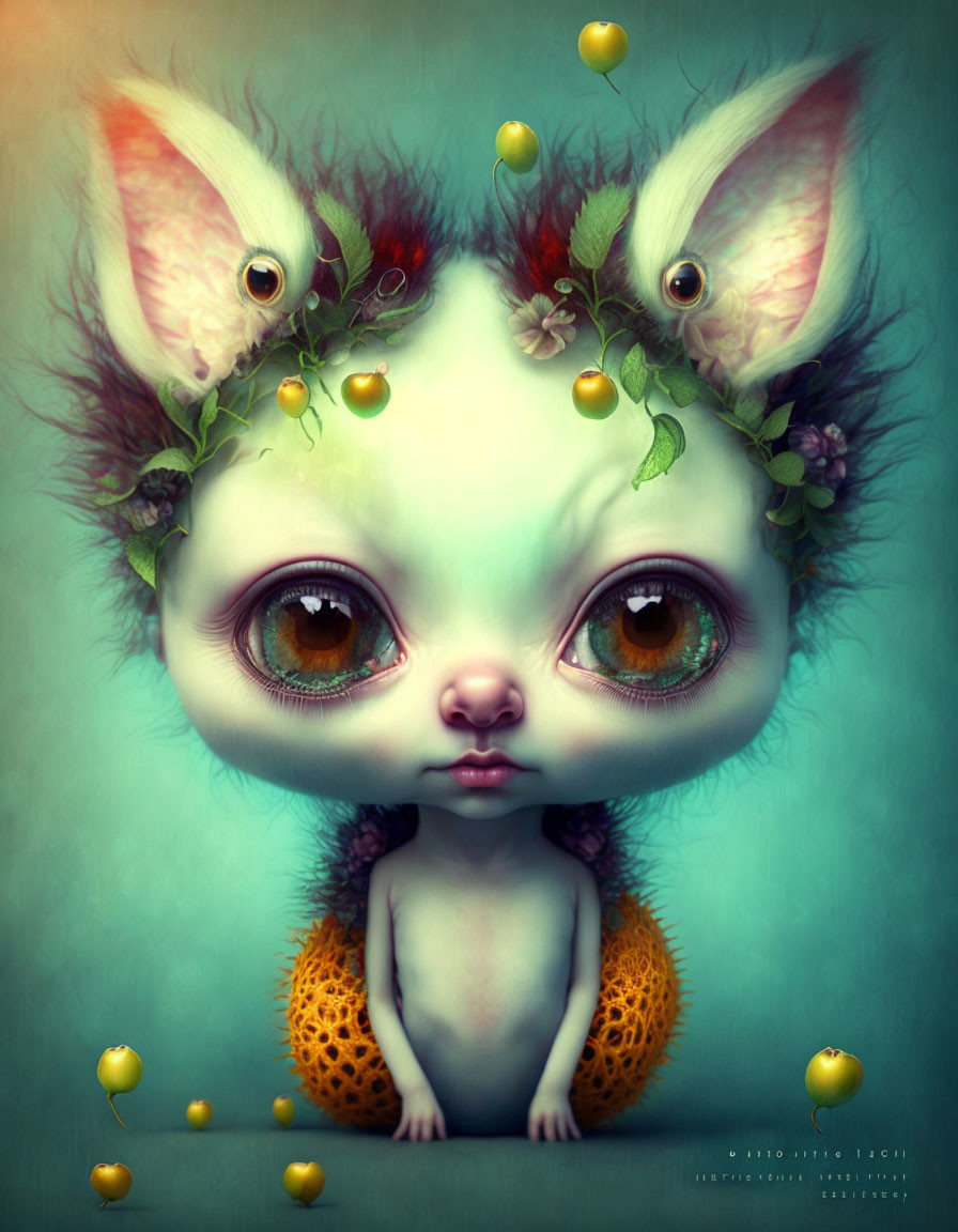 Surreal creature with large eyes and leaf crown on teal background