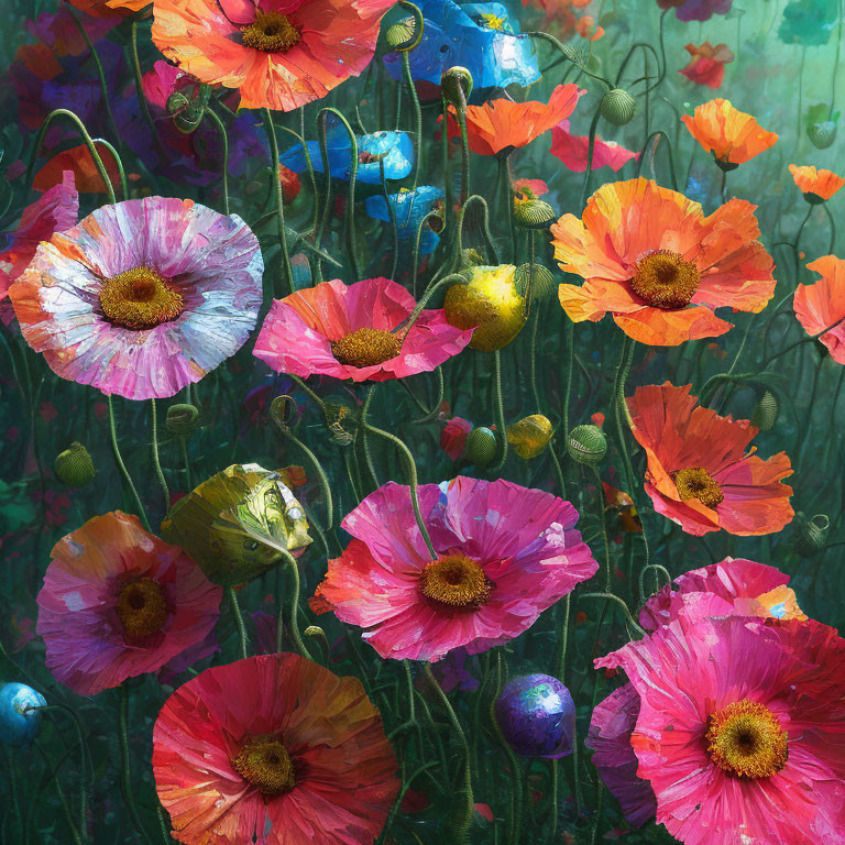 Colorful Poppy Field with Red, Pink, and Blue Petals on Green Background