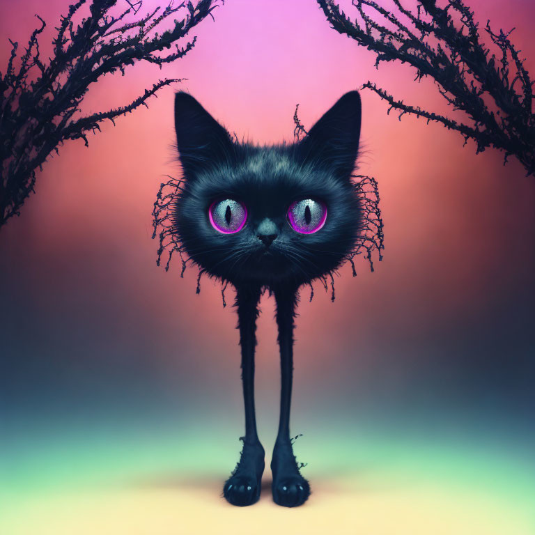 Surreal black cat with large eyes and long legs on colorful background