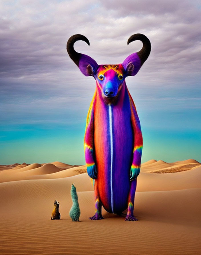 Colorful surreal antelope with large horns in desert landscape.