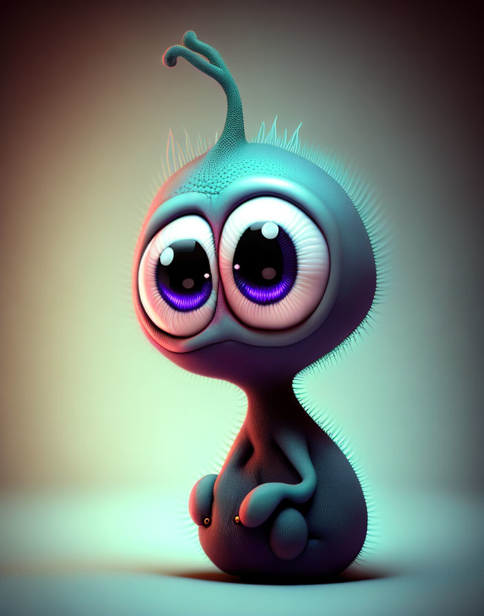 Stylized 3D-rendered creature with purple eyes and antenna