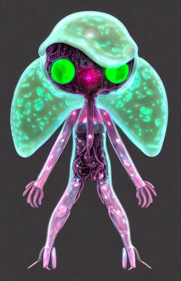 Translucent alien with green eyes and internal structures on dark background