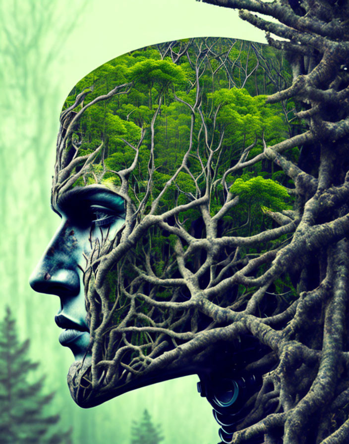 Human profile blends with tree branches in surreal image