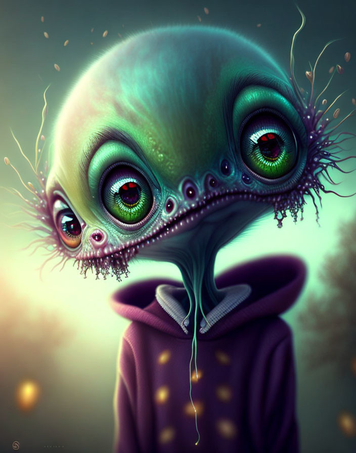 Stylized illustration of creature with large head and green eyes in purple hoodie