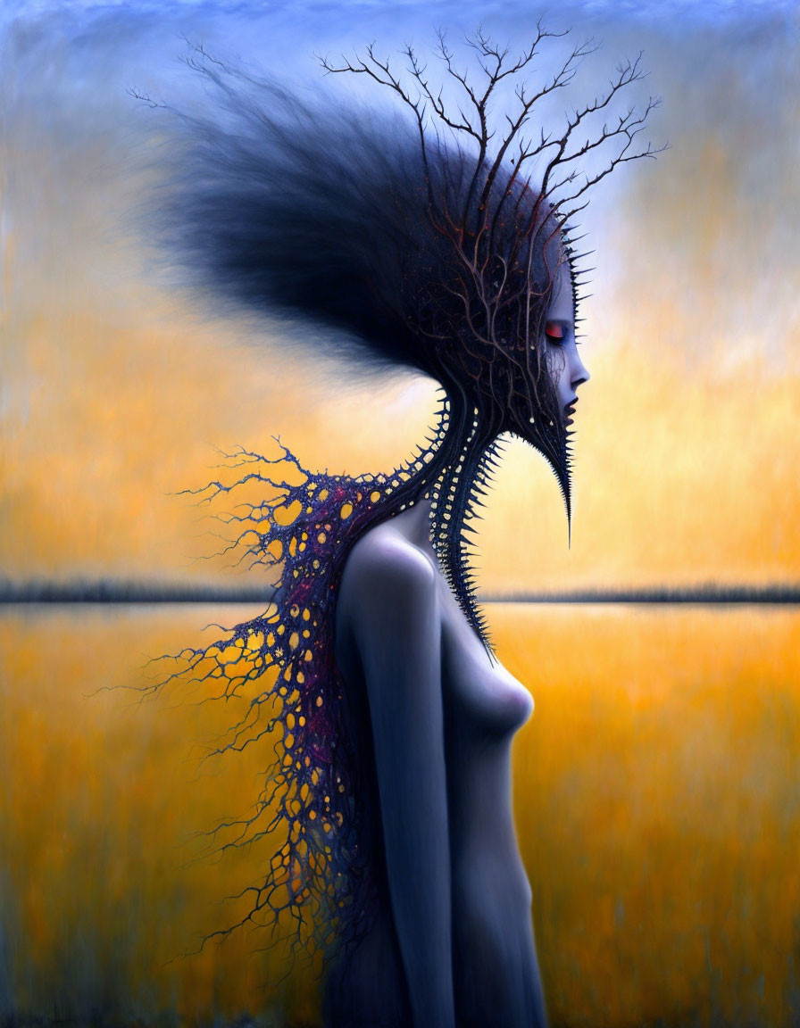 Surreal painting: person with tree-like hair, yellow field, blue sky