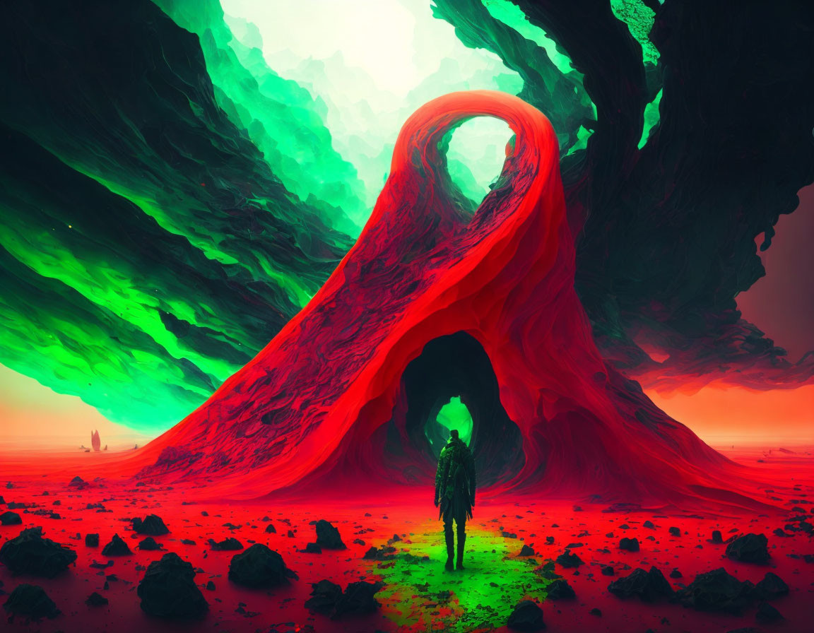 Solitary figure in surreal lava landscape under alien sky