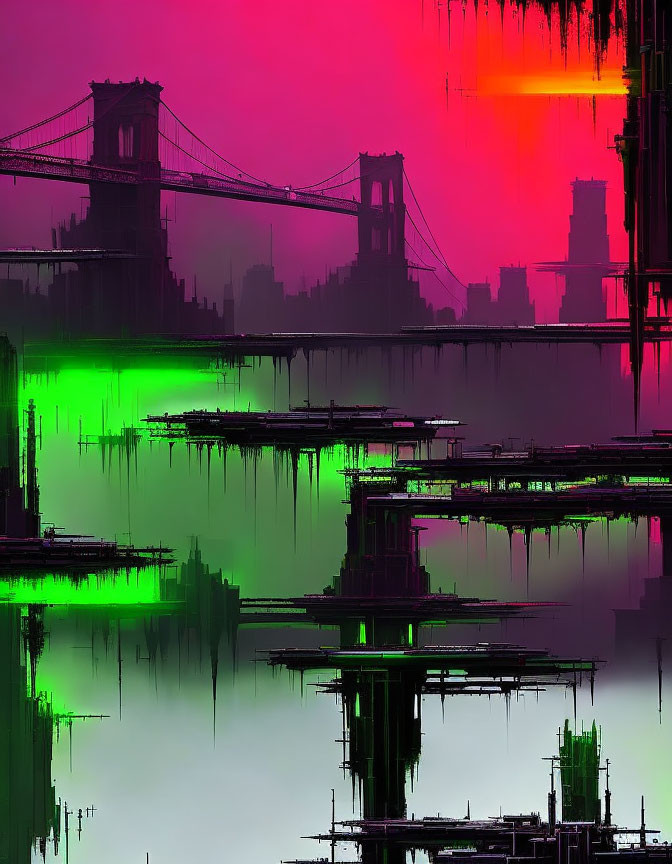 Vibrant pink and green city skyline with glitch effect