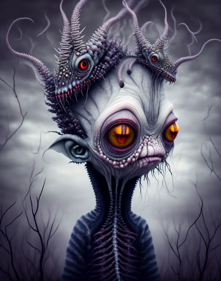 Fantastical creature with multiple eyes and tentacles in gloomy setting