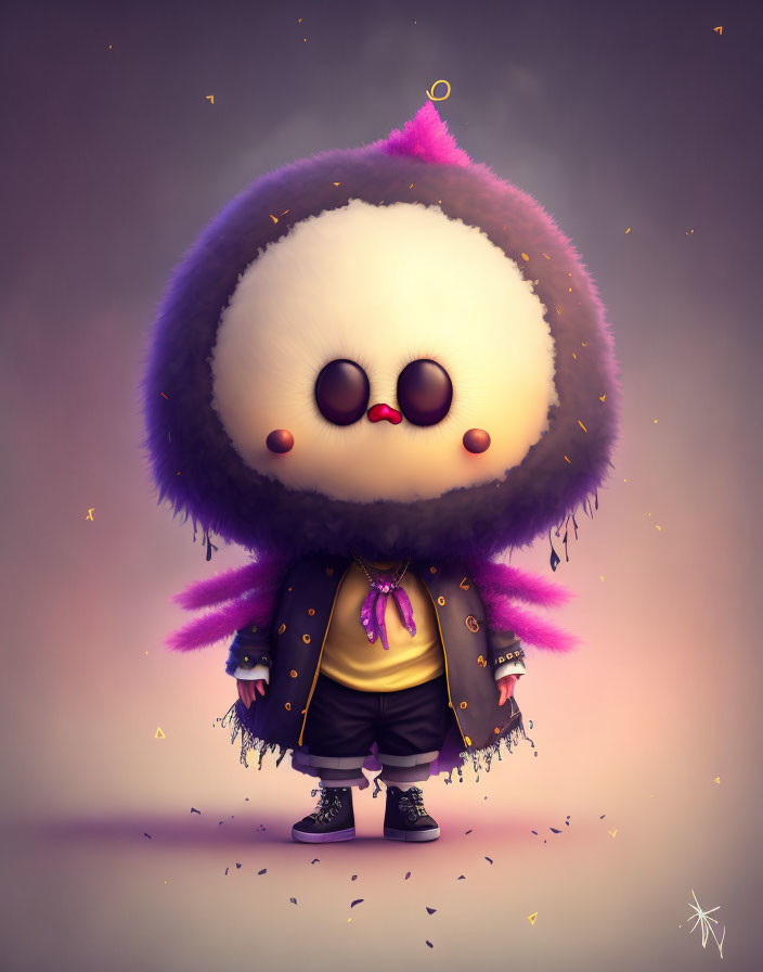 Stylized character with large eyes and purple halo in fashionable coat