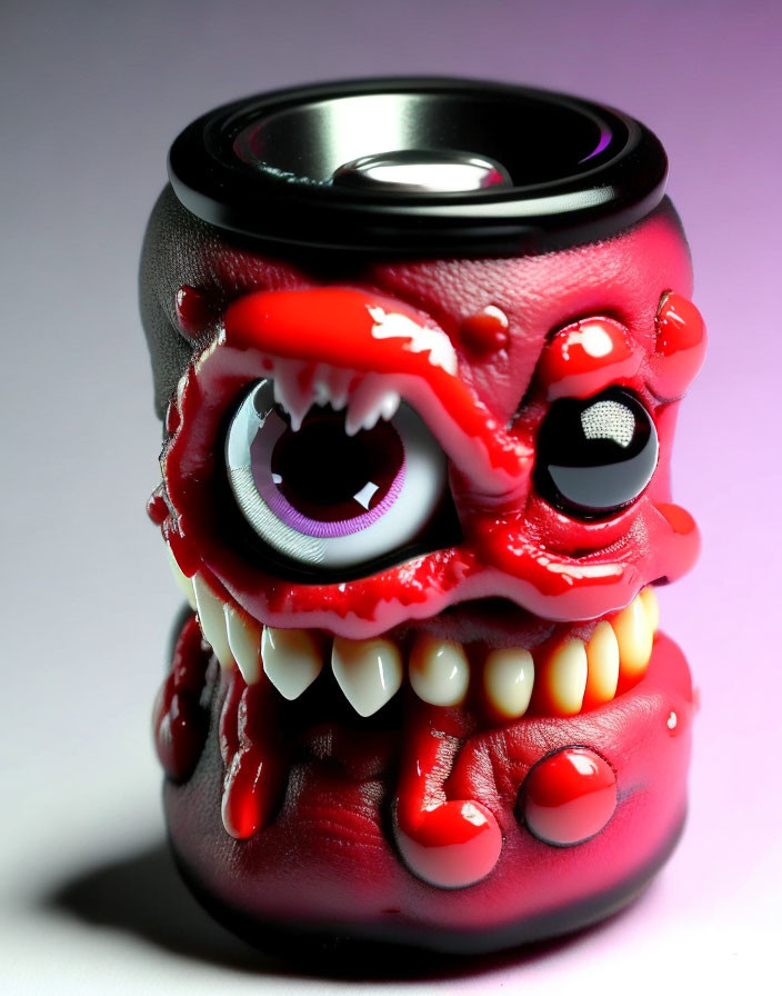 Red Monster-Themed Can Holder with Single Eye and Sharp Teeth