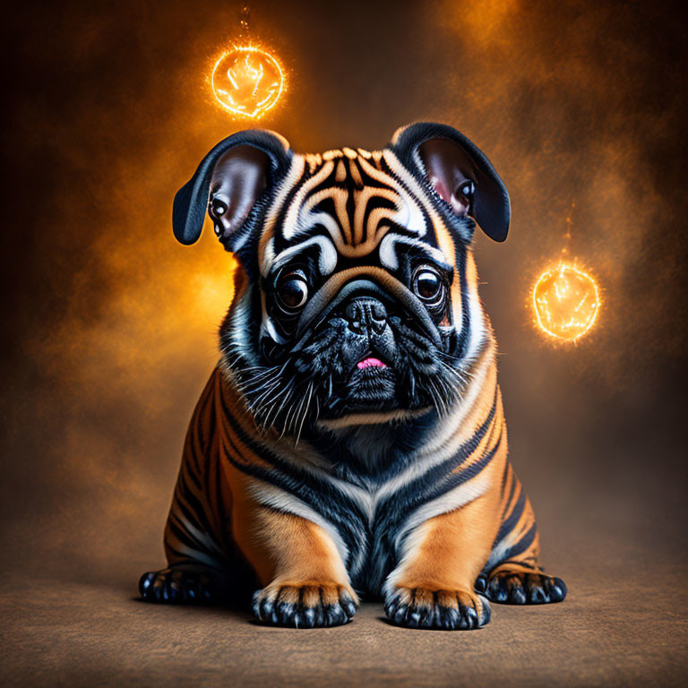 Pug painted with tiger stripes under heart-shaped lights