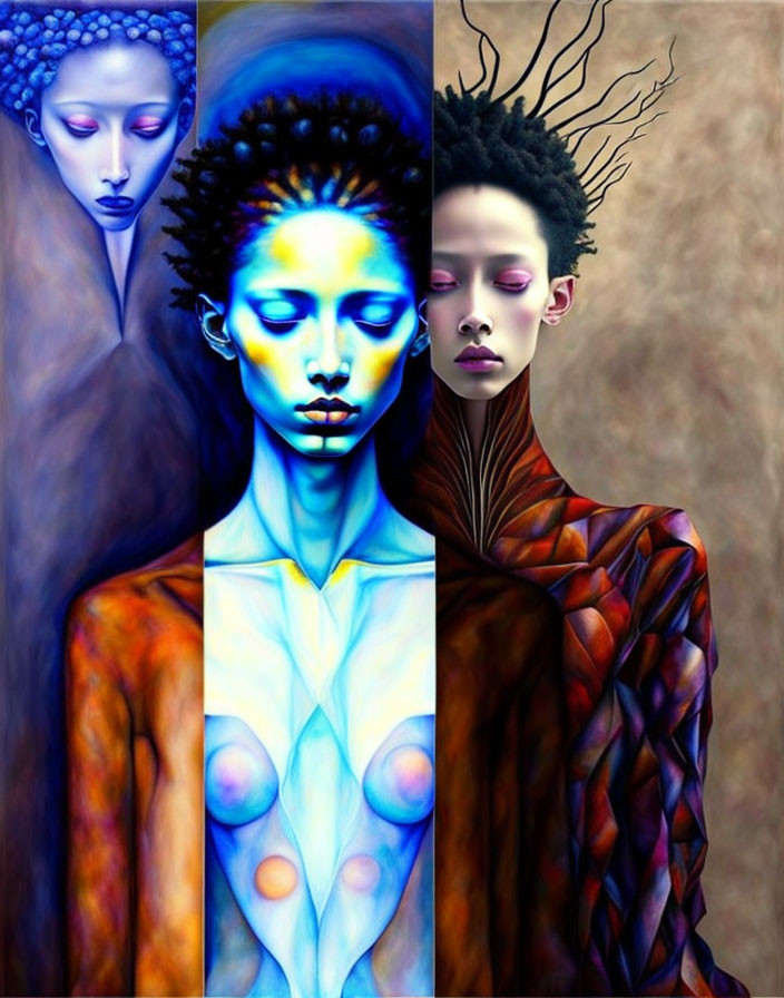 Stylized surreal triptych of blue and earth-toned female portraits