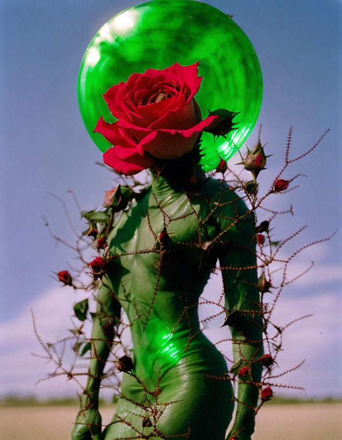 Green figure with rose-covered body holds green sphere with red rose against blue sky