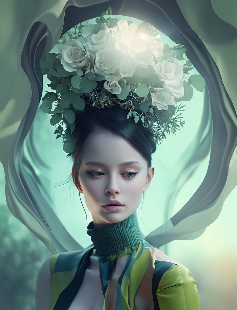 Surreal portrait of woman with rose bouquet and flowing fabric in misty backdrop