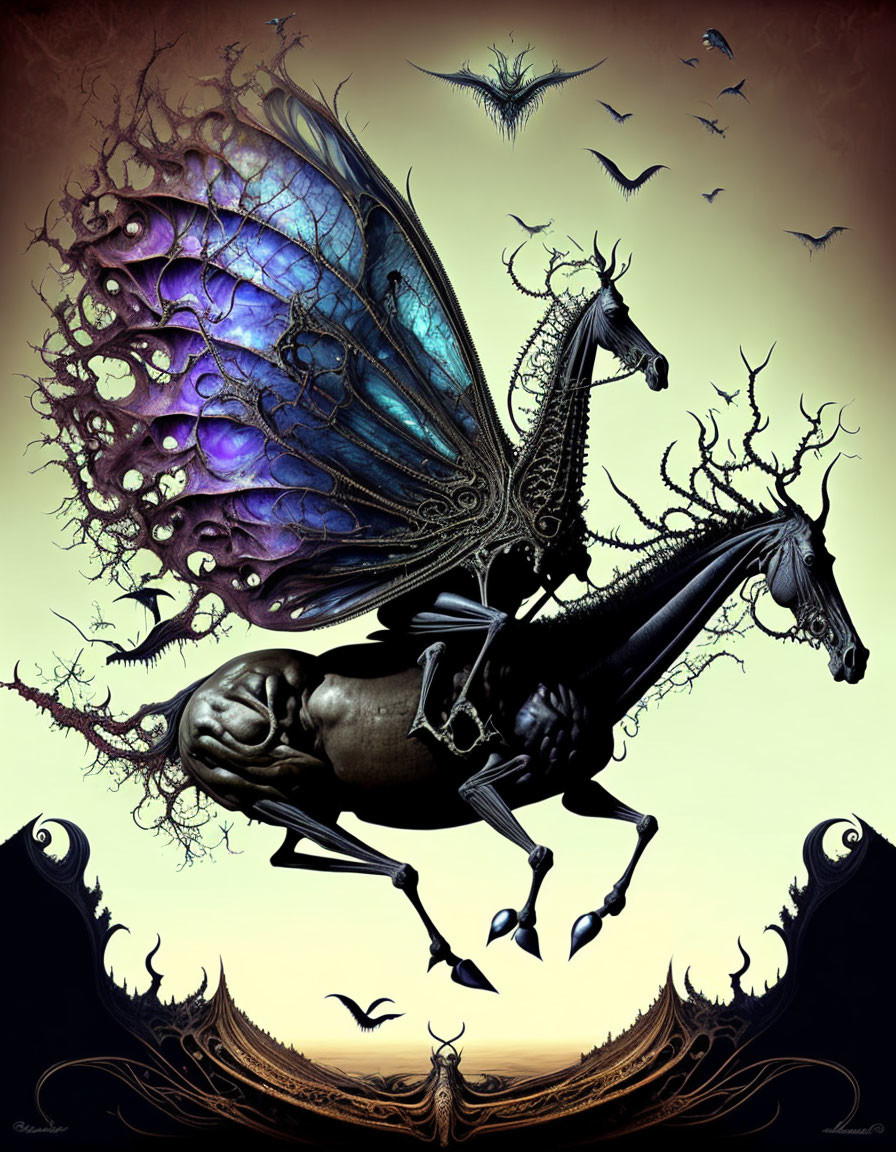 Fantastical dark horse with iridescent wings and ornate armor against twilight sky