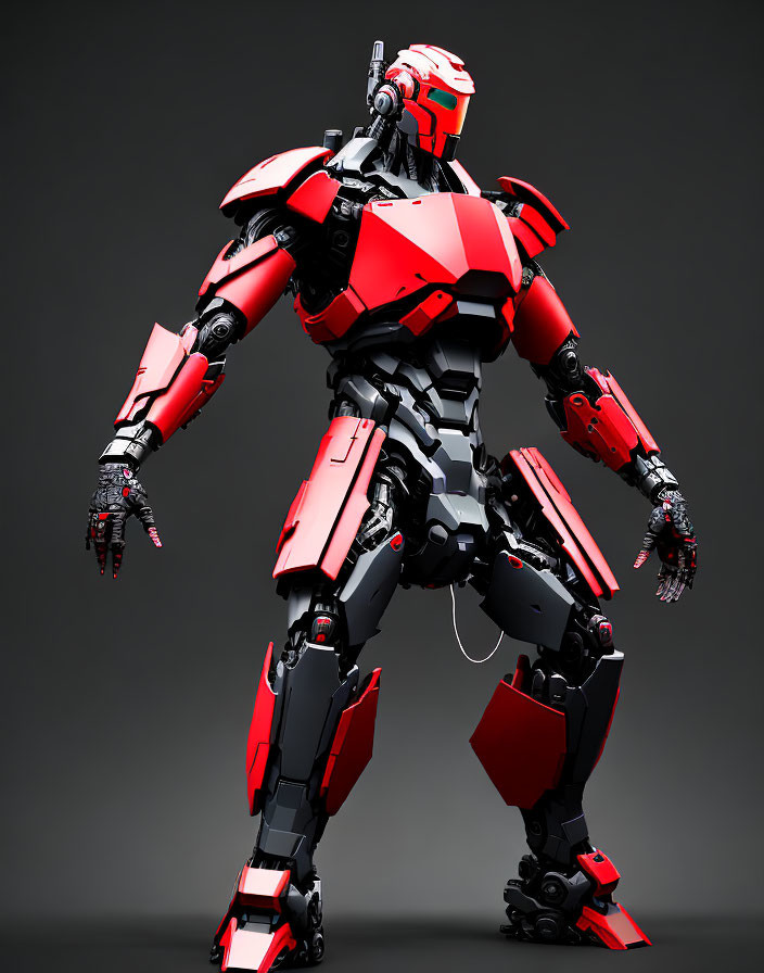 Red and Black Humanoid Robot in Sleek Armor on Grey Background