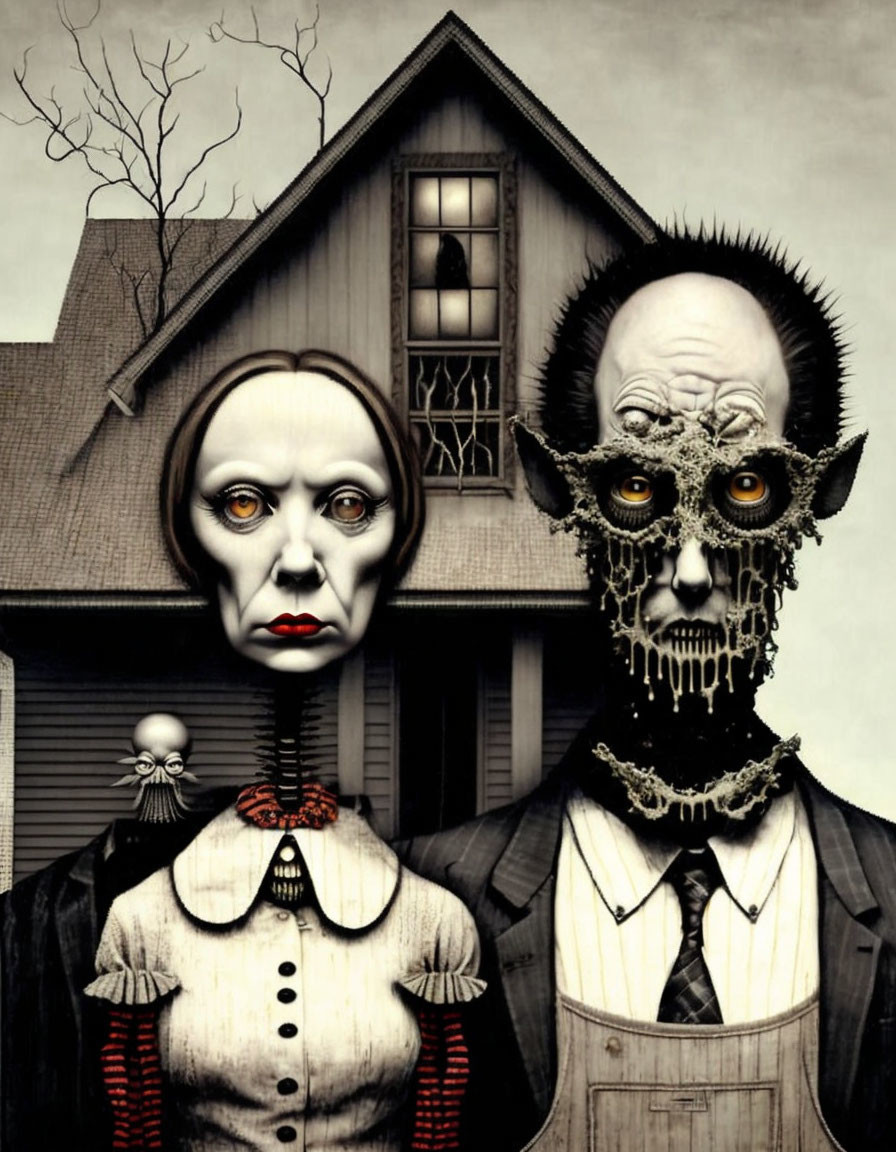 Surreal portrait of two figures with skull-like faces in front of gloomy house