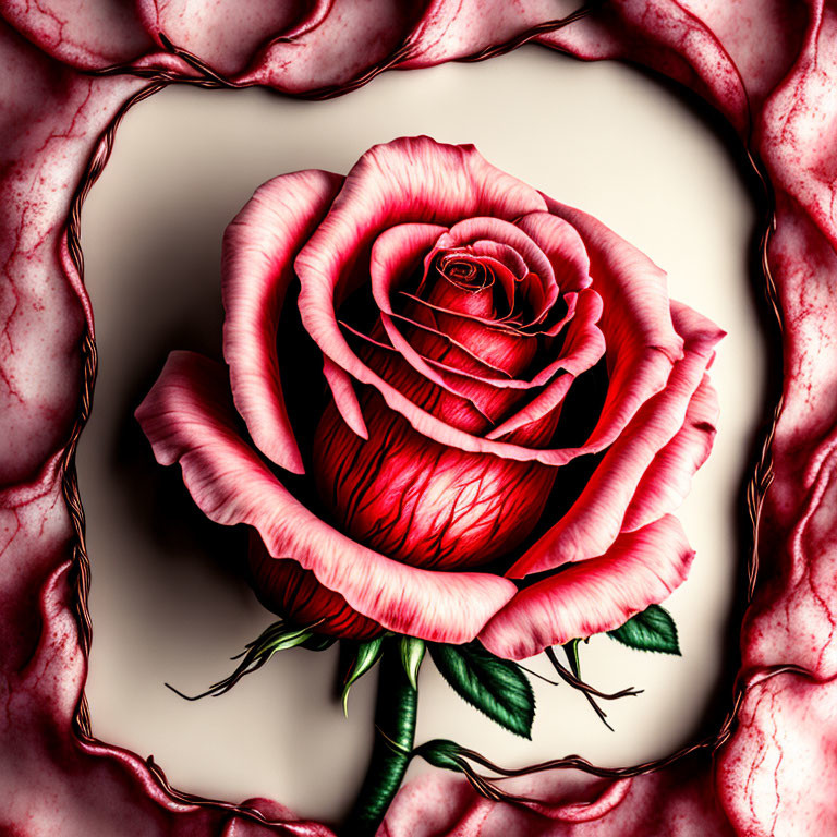 Detailed red rose illustration with prominent veins on petals, framed by twisted border