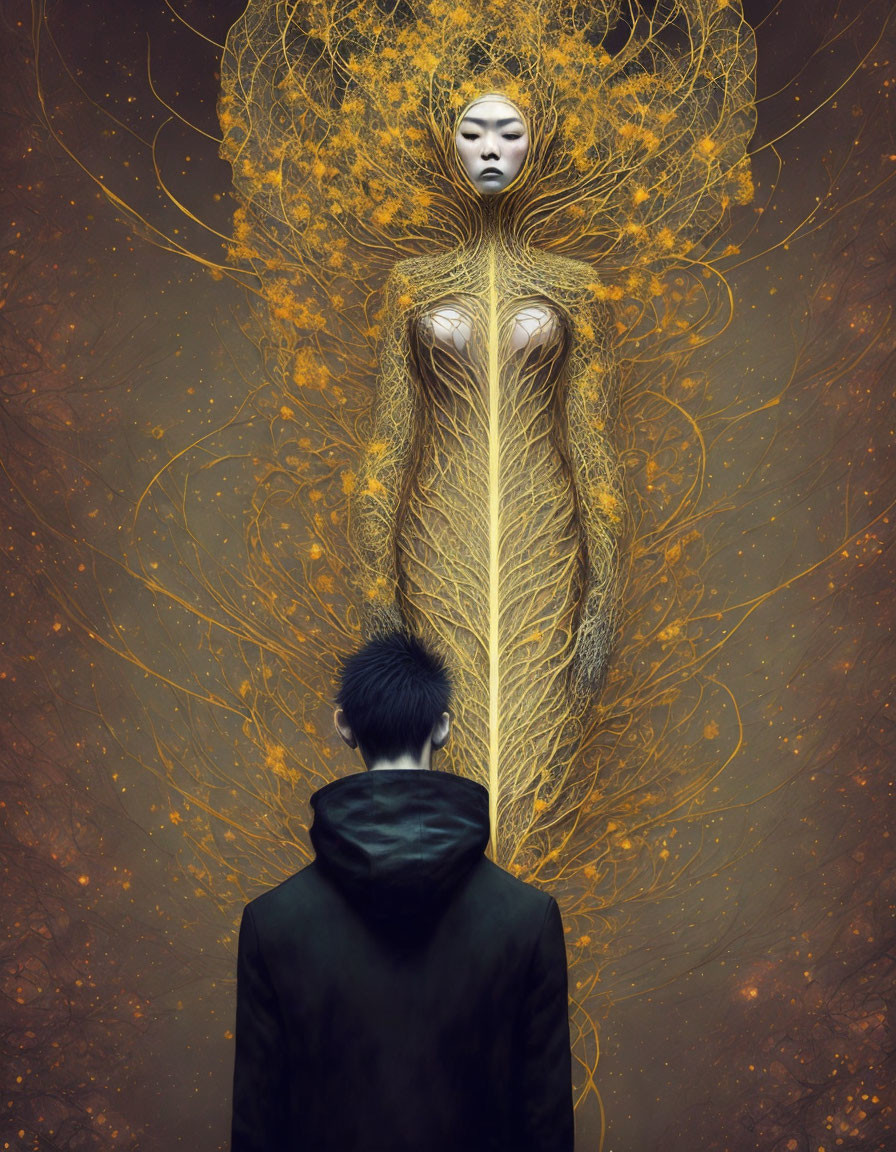 Surreal figure with golden tree-like hair observed by person in black hoodie