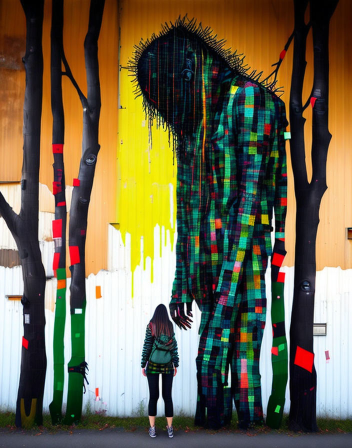 Child admires vibrant street art mural with plaid figure and yellow background