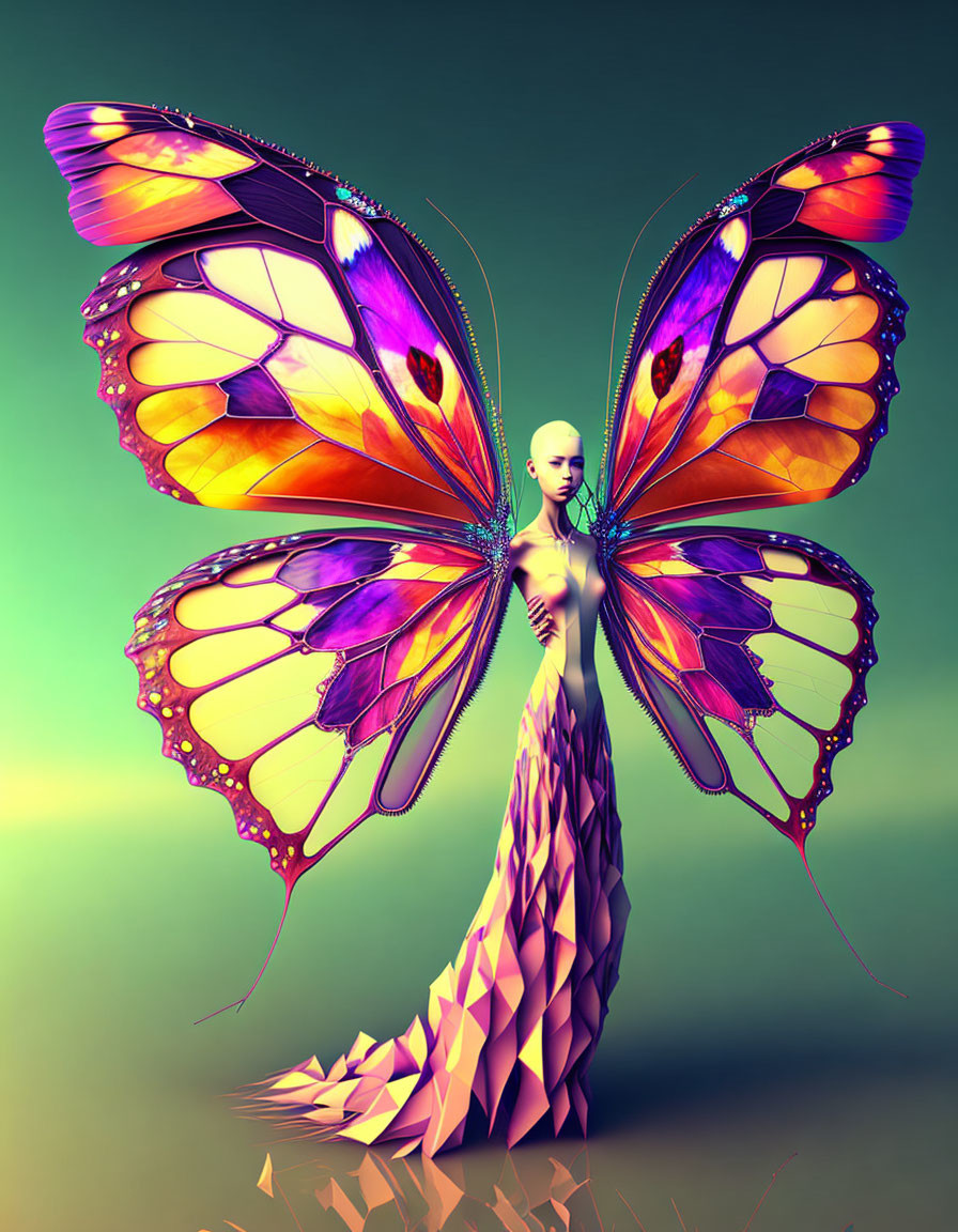 Colorful Surreal Illustration: Human-Insect Hybrid with Butterfly Wings