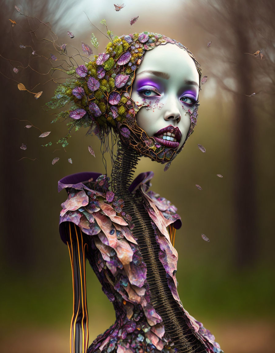 Fantasy portrait featuring figure with integrated foliage and flowers, purple makeup, in woodland backdrop