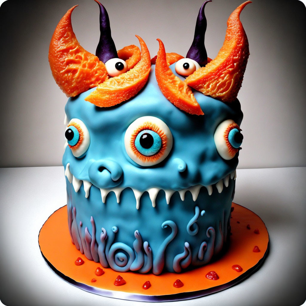 Blue Monster-Themed Cake with Multiple Eyes and Sharp Teeth