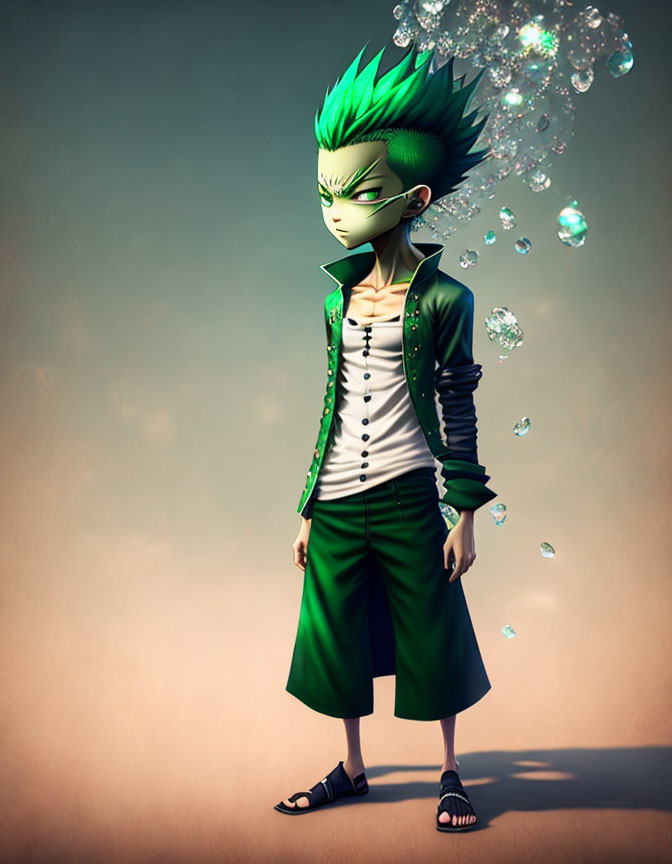 Spiky Green-Haired Animated Character in Green Outfit