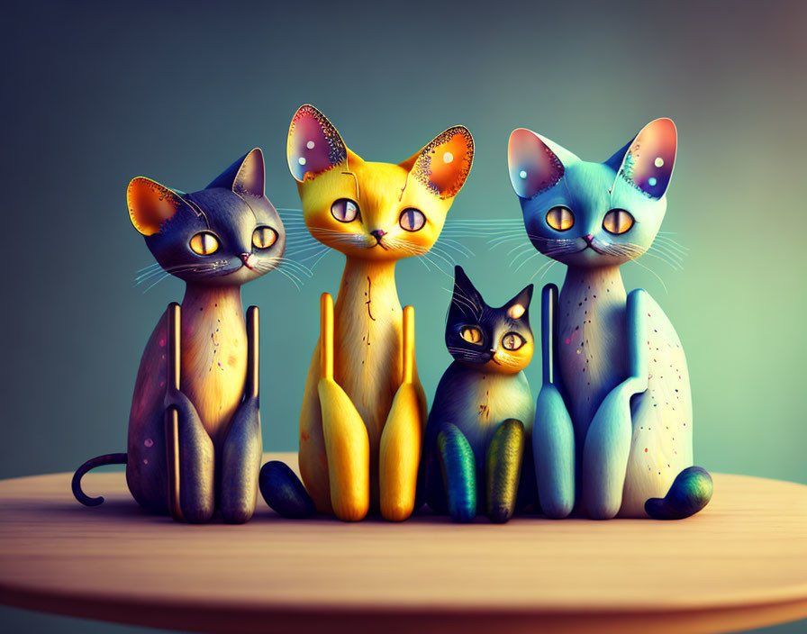 Colorful Stylized Cat Figurines on Wooden Surface Against Gradient Background