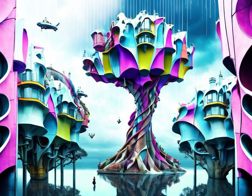 Vibrant tree-like structure with futuristic buildings by water