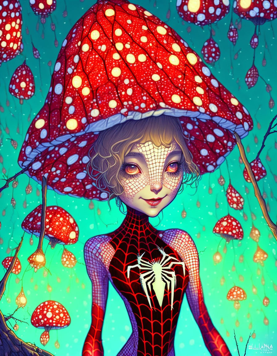 Stylized female figure with mushroom hat and spider-themed bodysuit