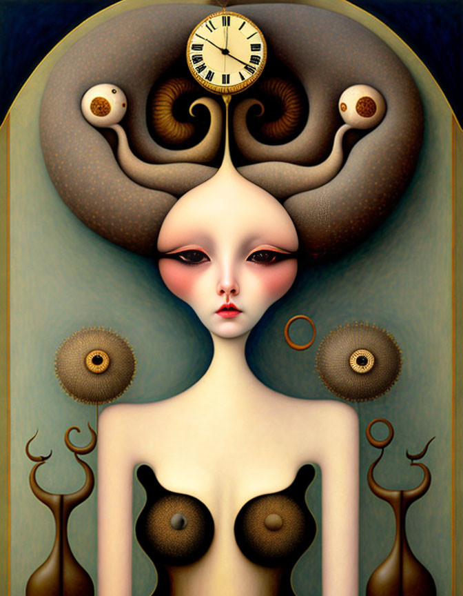 Surreal portrait of female figure with clock head and spiral horns surrounded by enigmatic symbols in dark