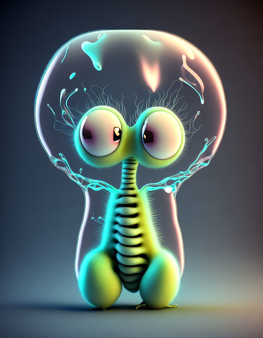 Colorful 3D illustration of cute creature with large eyes, transparent head, liquid inside, and