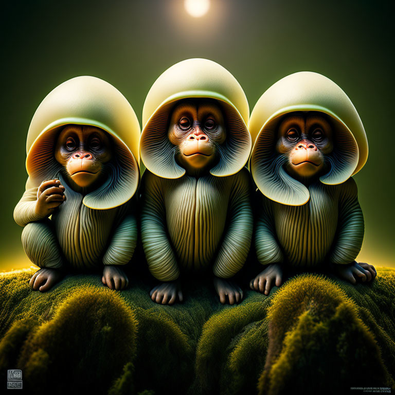 Three cartoon monkeys with large eyes sitting closely together under a dramatic light