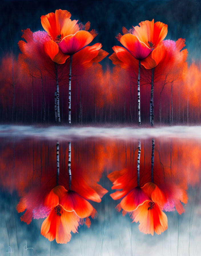 Vibrant red poppies on birch trees reflected in water in mystical forest.