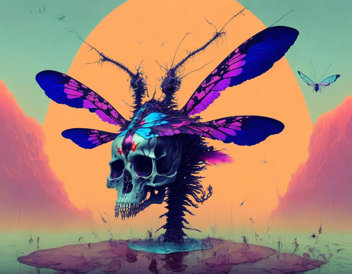 Skull with butterfly wings in surreal sunset scene