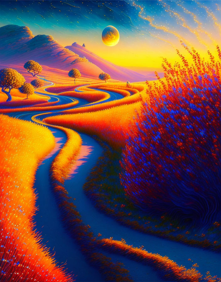 Surreal landscape with blue rivers, orange hills, starry sky, and large moon