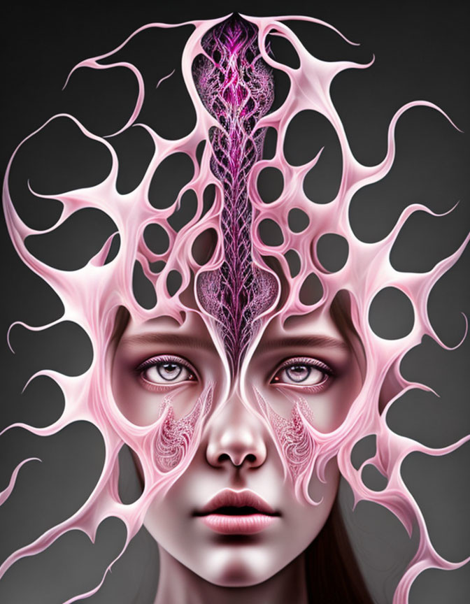 Portrait of woman with pink tree-like structure in surreal setting