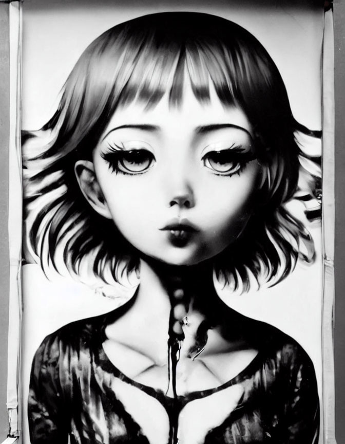 Monochrome stylized girl with large eyes and bob haircut on canvas with creases