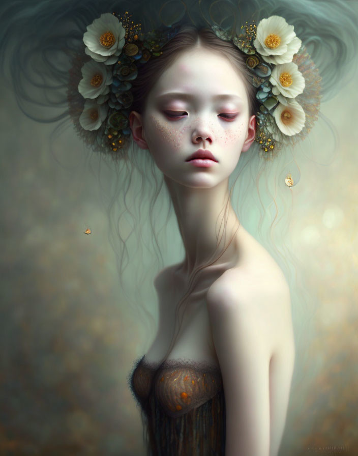 Surreal portrait of a pale young woman with wavy hair in dreamlike setting