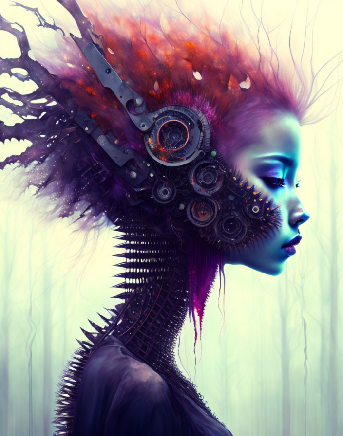 Female Figure with Mechanical Parts and Organic Textures in Misty Setting