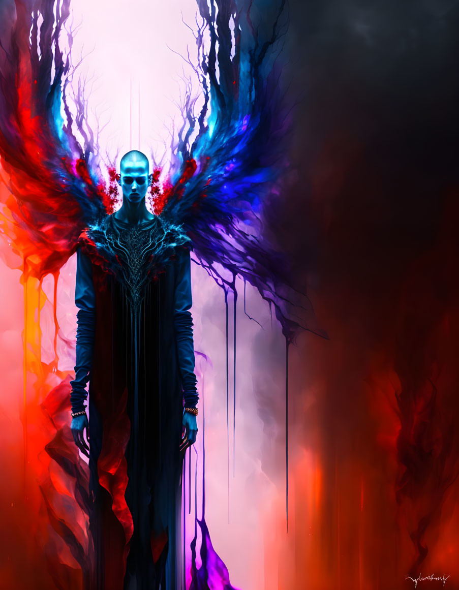 Pale-faced mystical figure with fiery wings in a dark, ominous setting