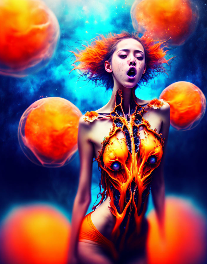 Vibrant orange hair and body art in surreal portrait.