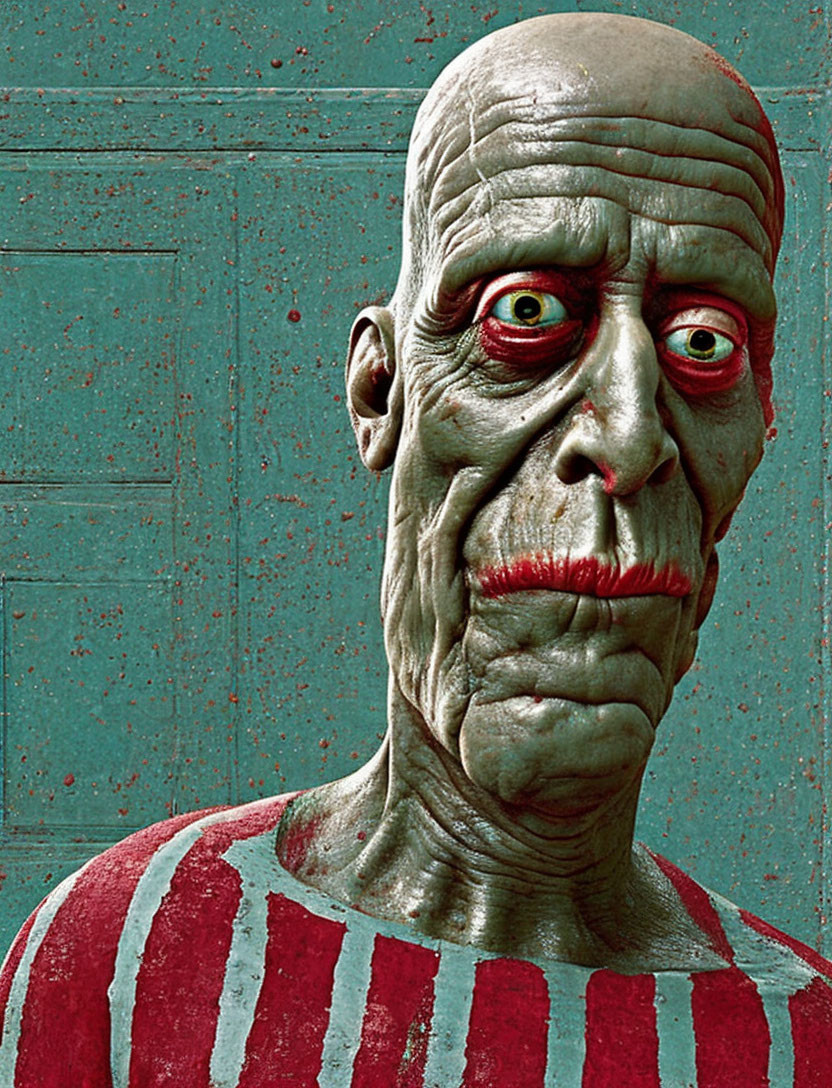 Digital character with wrinkled skin and red eyes in striped shirt on blue background