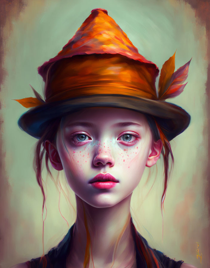 Digital painting: Young girl with blue eyes, freckles, and oversized orange pointed hat.